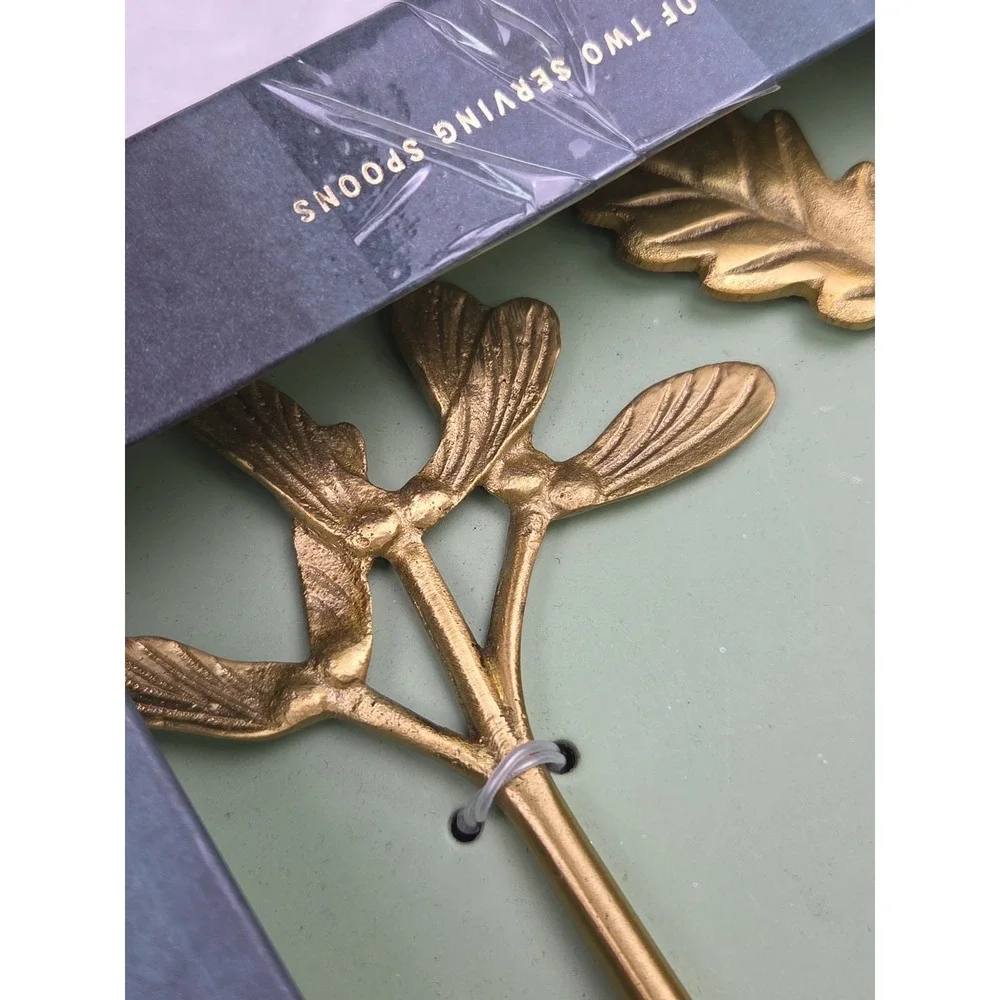 NEW Anthropologie Herbiflora Spoon Serving Set 2 Leaf Oak Pine Gold Brass Metal